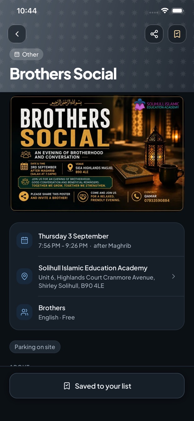 Event details in Deen Spot, including the original poster, time and venue