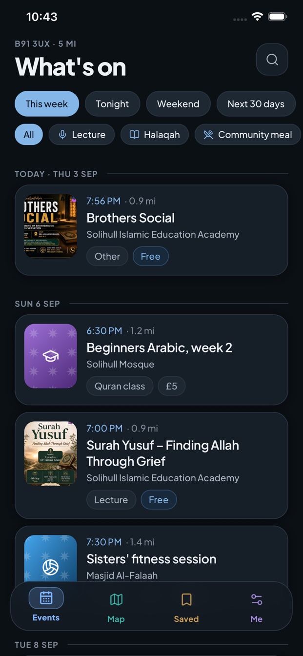 A list of upcoming events at nearby masjids